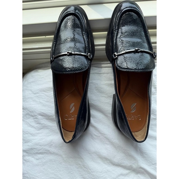 Franco Sarto Shoes Womens 8.5 Navy Blue Patent Loafers‎ Shiny Horsebit Detail - Picture 4 of 9